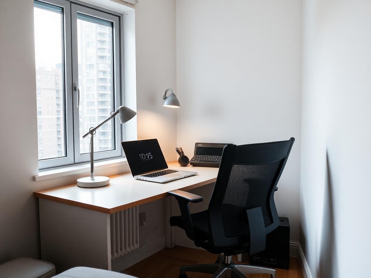Desk and ergonomic chair beside the window at Business Bay Extended-Stay Studio