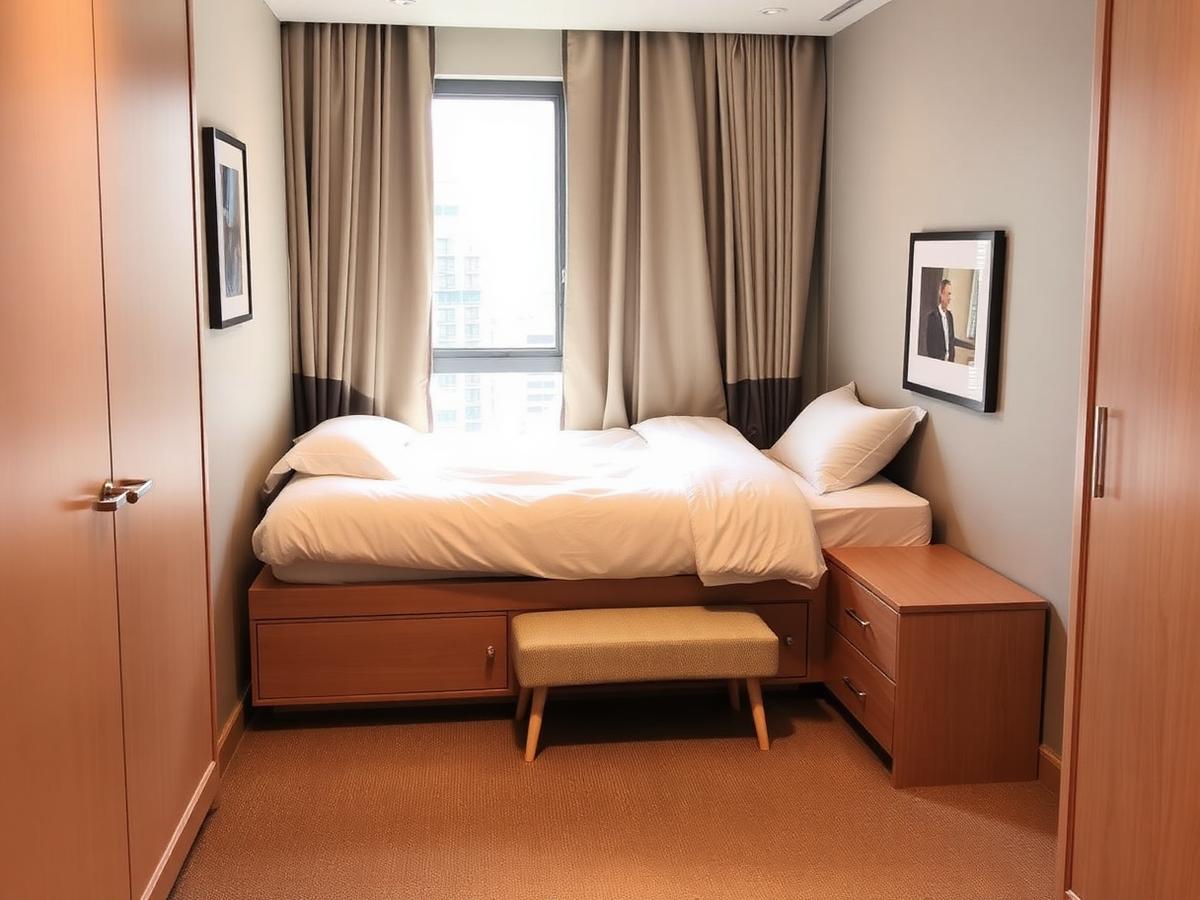 Queen bed with storage bench and window outlook at Business Bay Extended-Stay Studio