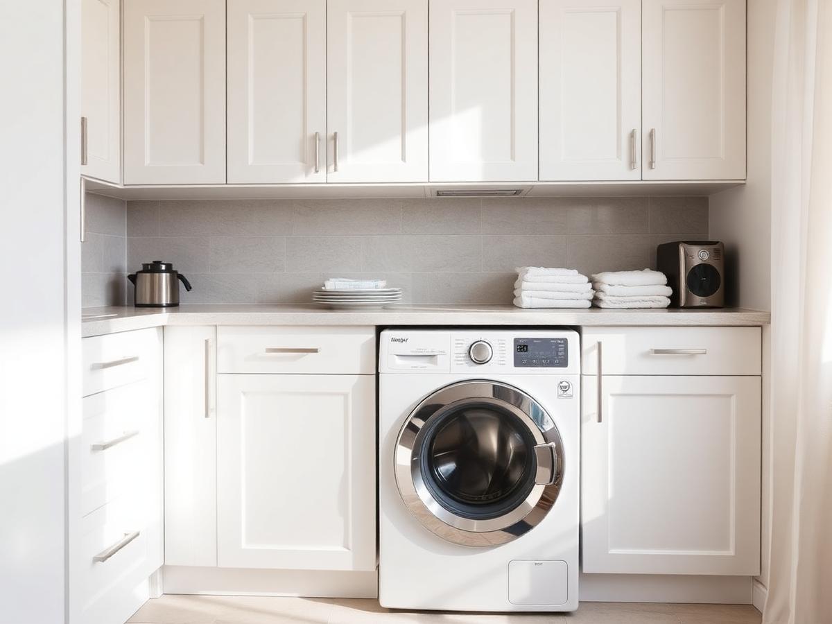 Kitchen with integrated washing machine and folded linen at Creek Harbour Executive Residence
