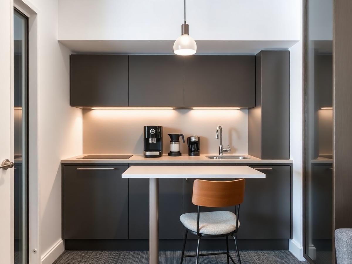 Kitchenette with dining counter and stool at Downtown Boulevard City Suite