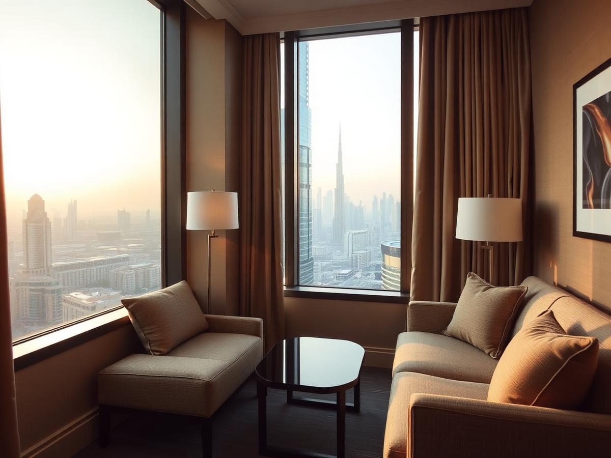 Seating area and writing desk beside the window at Downtown Boulevard City Suite