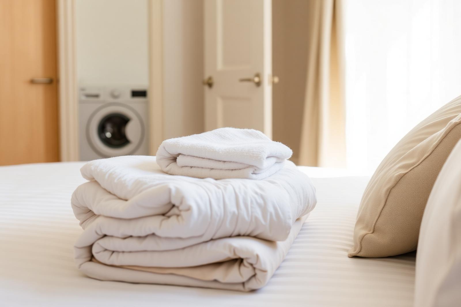 Folded fresh linen and towels on a bed, with an in-unit washing machine behind