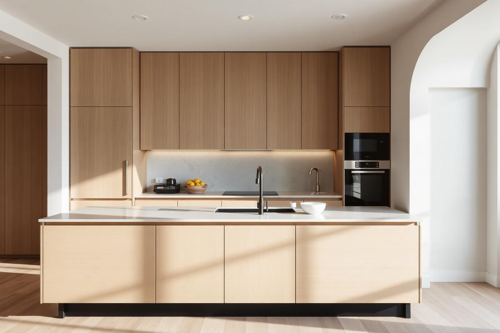 Full kitchen with island and integrated appliances in a serviced apartment prepared for longer stays
