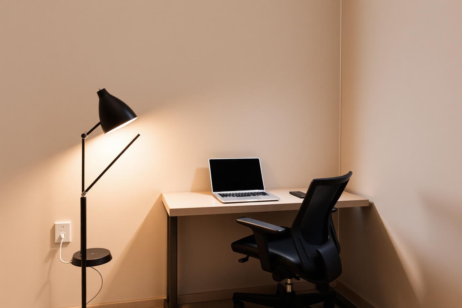 Desk, ergonomic chair and task lamp in a quiet corner of a UAE apartment