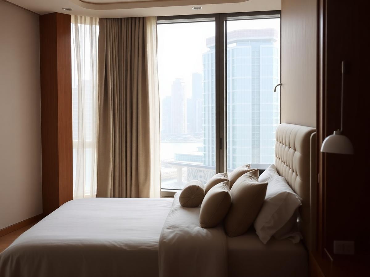 Principal bedroom with upholstered headboard and marina outlook at Marina Horizon Two-Bedroom Residence