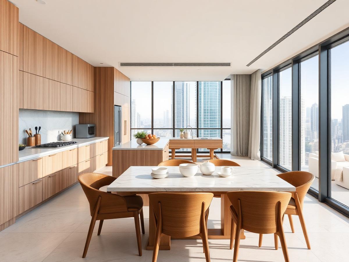 Open kitchen and dining table with tall windows at Marina Horizon Two-Bedroom Residence