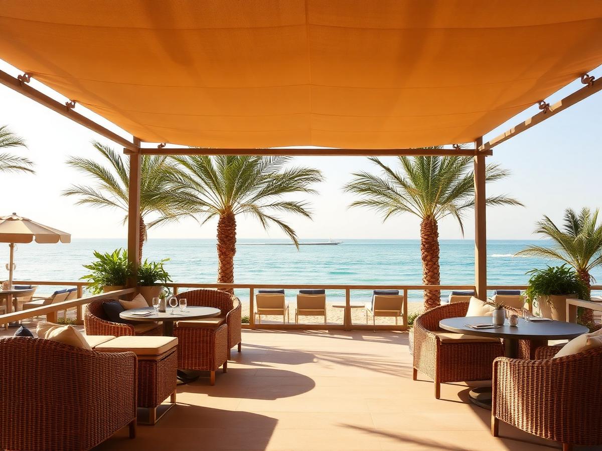 Shaded beachfront terrace with rattan seating beside Palm Shore Family Apartment