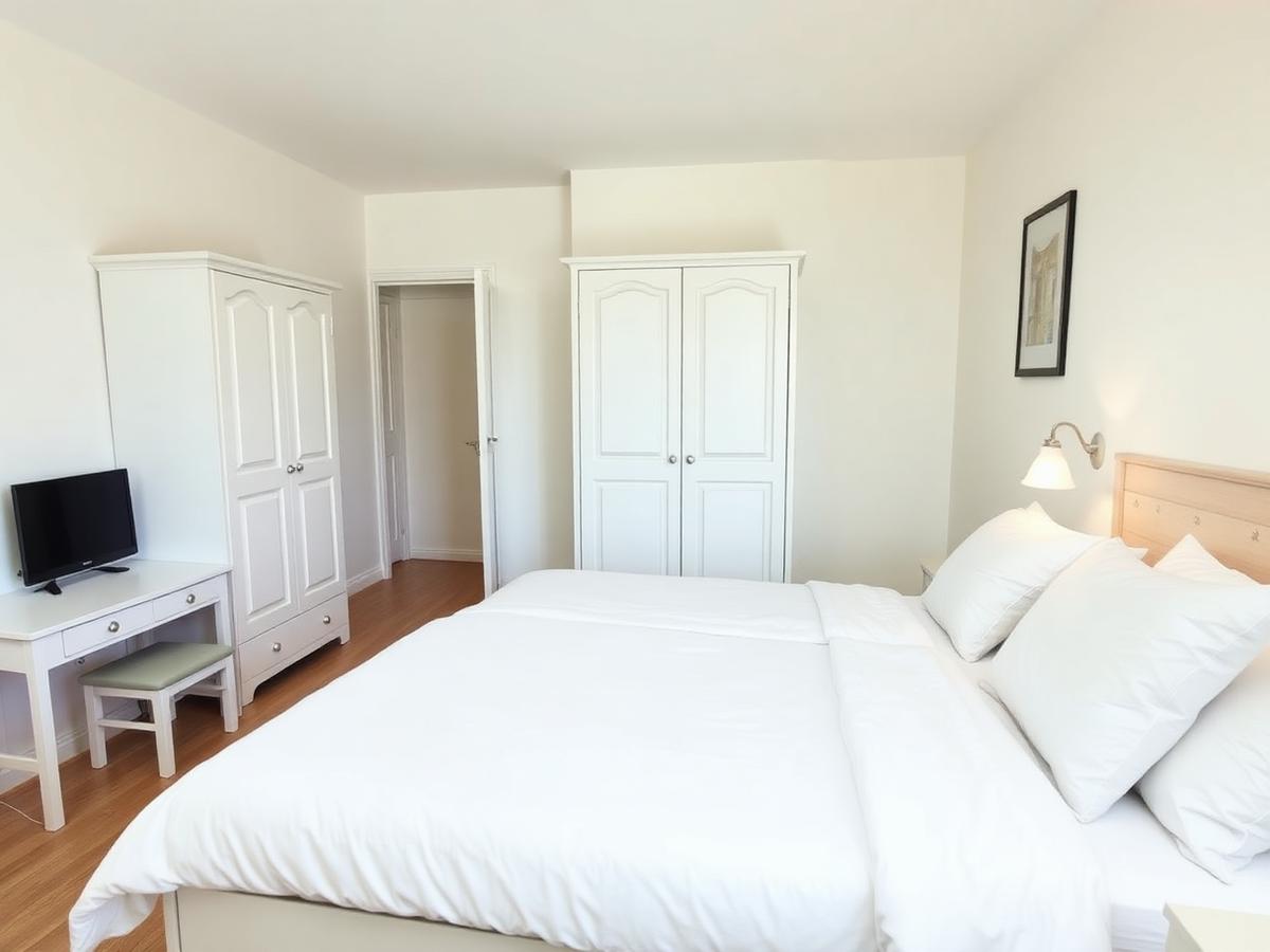 Twin bedroom with wardrobe and desk at Palm Shore Family Apartment