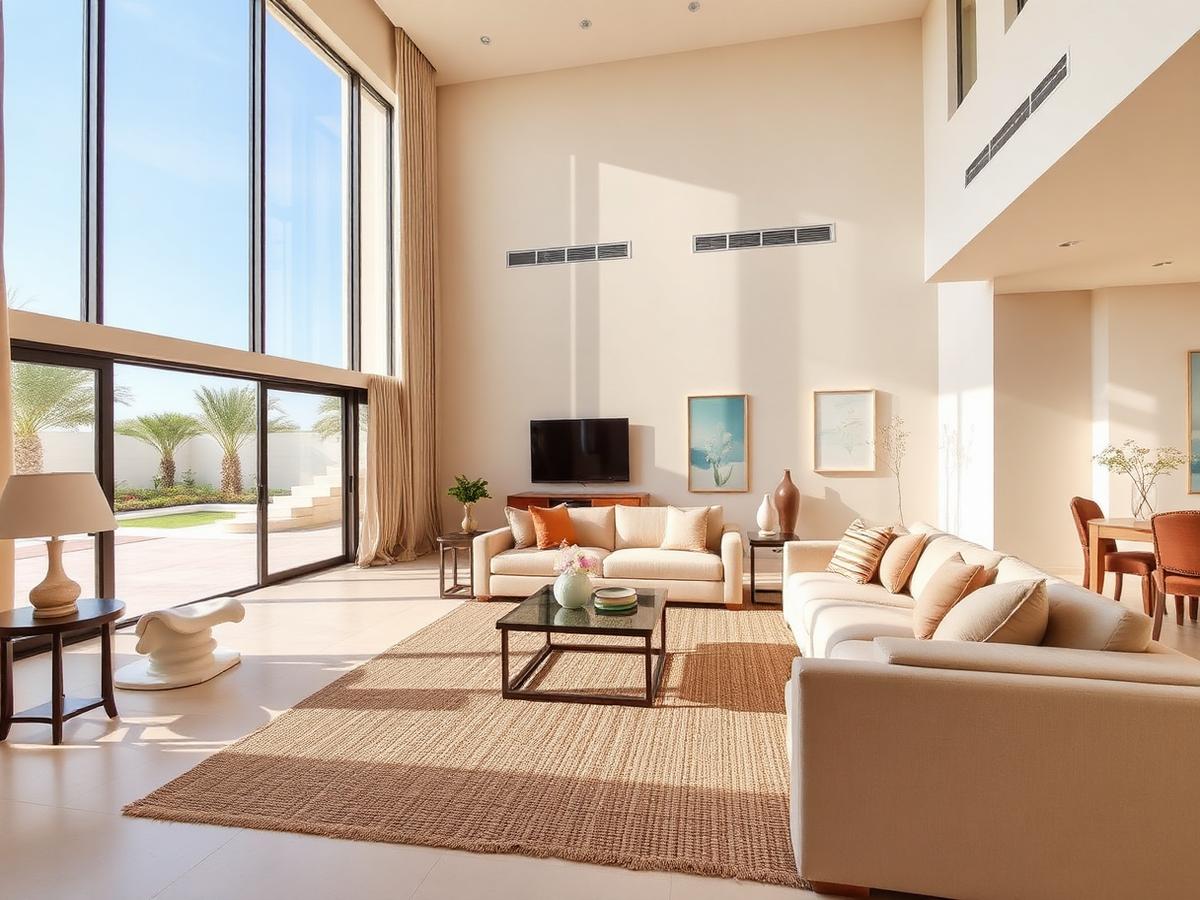 Double-height living room opening onto the garden at Al Hamra Private Pool Villa