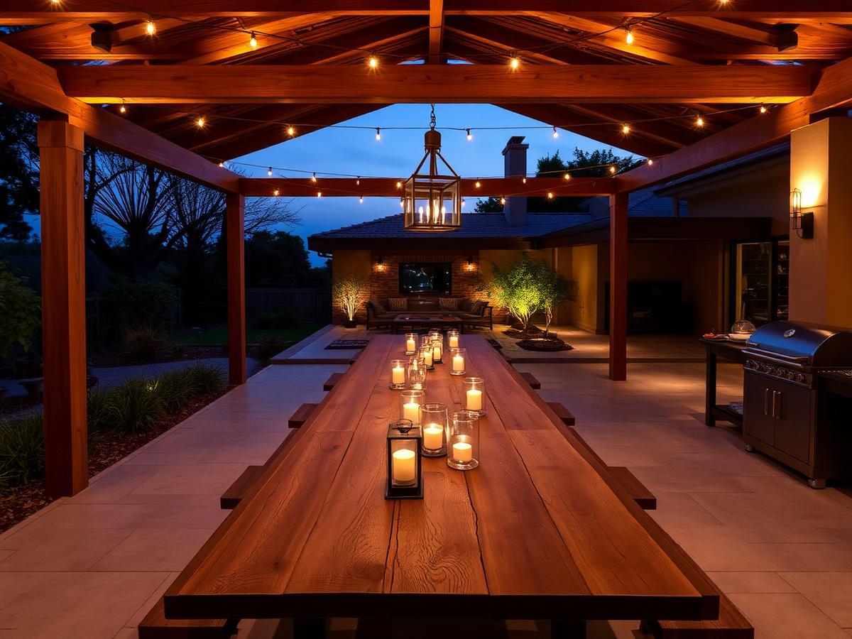 Outdoor dining terrace and barbecue at dusk at Al Hamra Private Pool Villa
